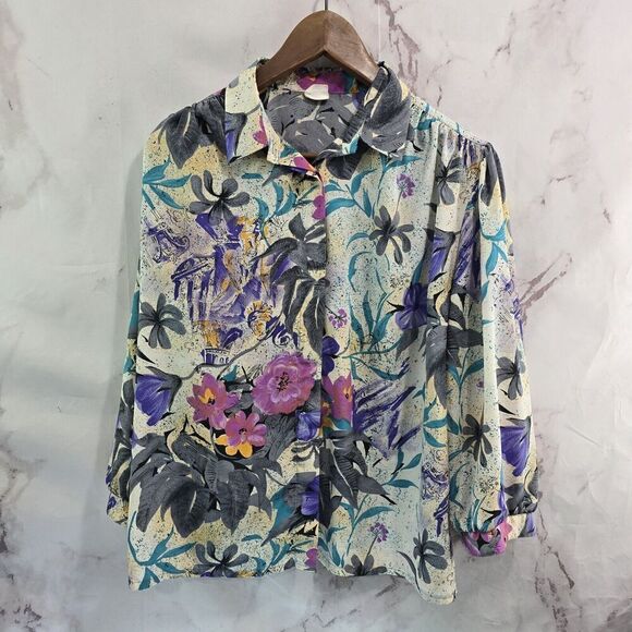 Vintage Blouse Womens Large 80s 90s Purple Blue Floral Long Sleeve Button Artsy - Picture 1 of 11
